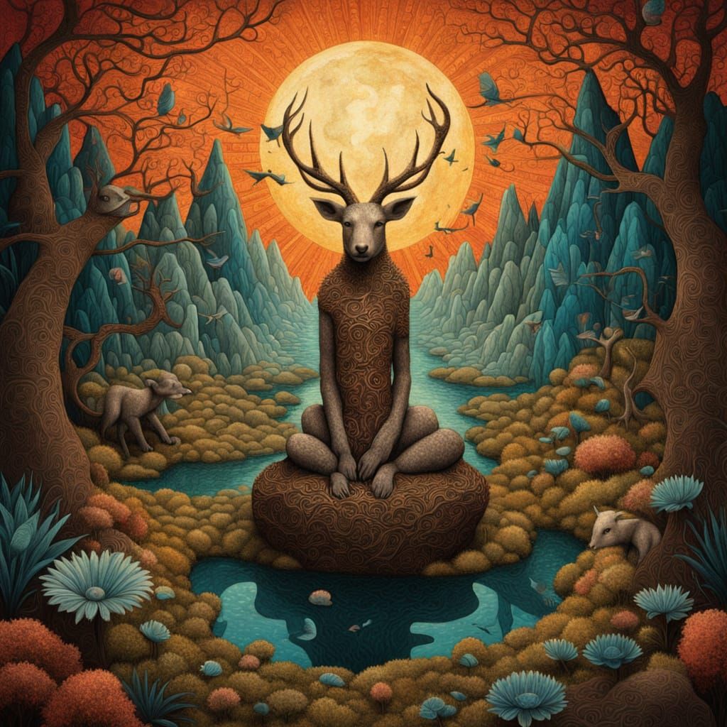 Shaman Assembling Musical Fragments in Surreal Landscape