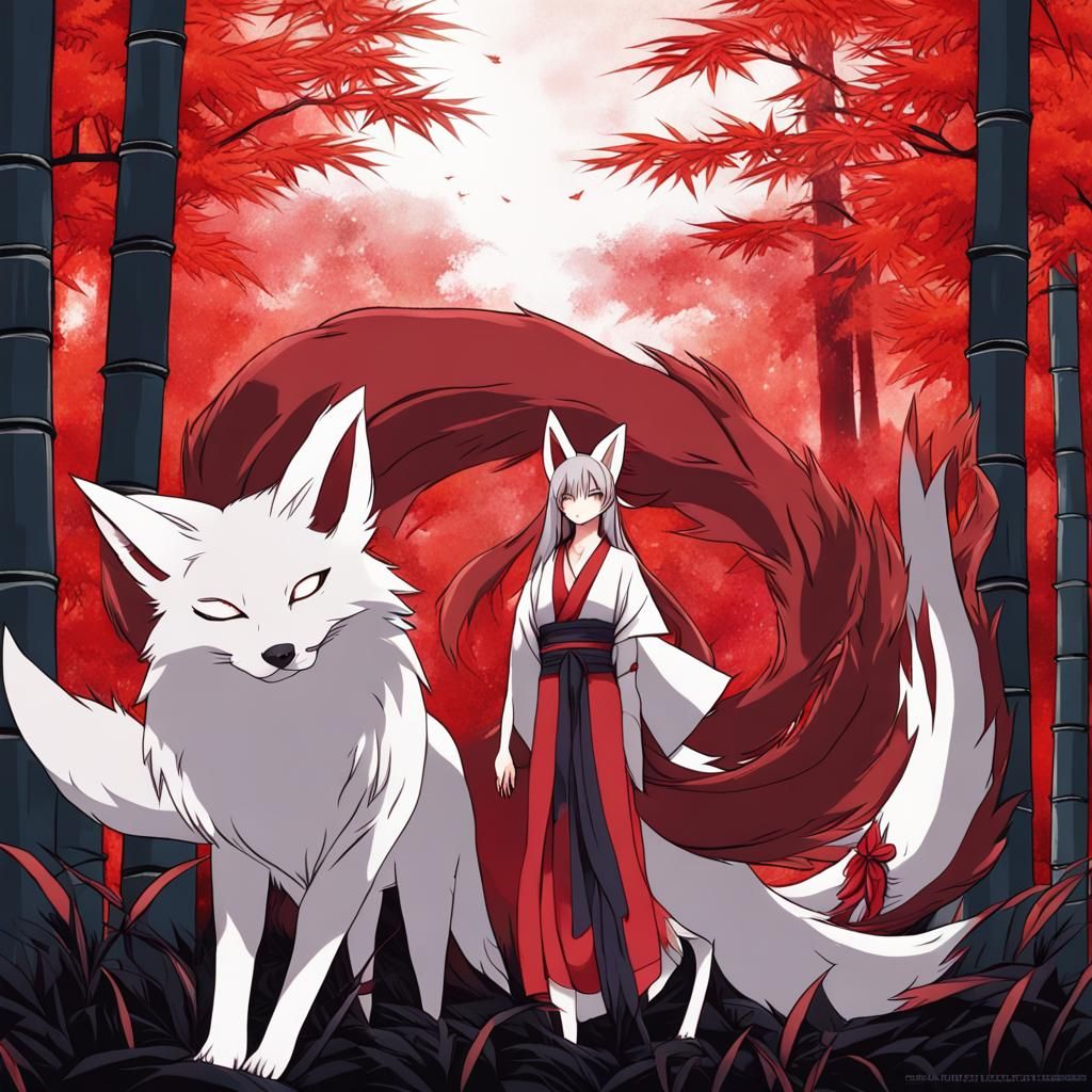 Blood Red Nine-Tailed Kitsune in Anime Style