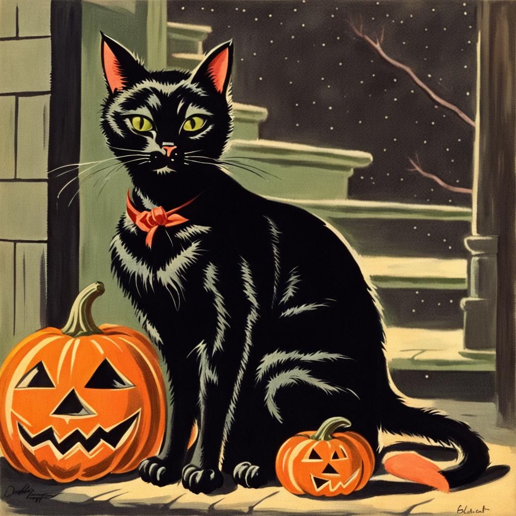 Vintage Halloween Black Cat Illustration