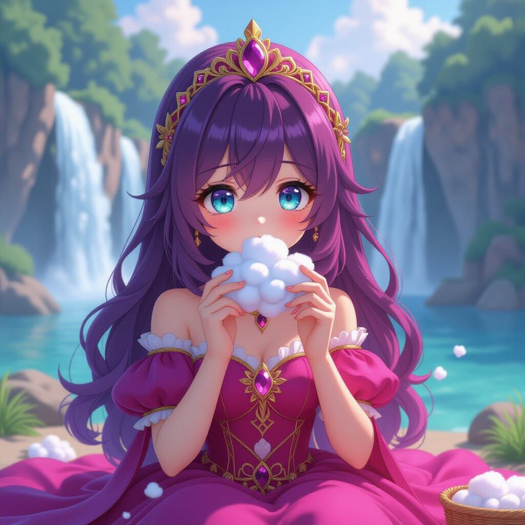 Anime Girl Picnic at Waterfall in Magenta Gown
