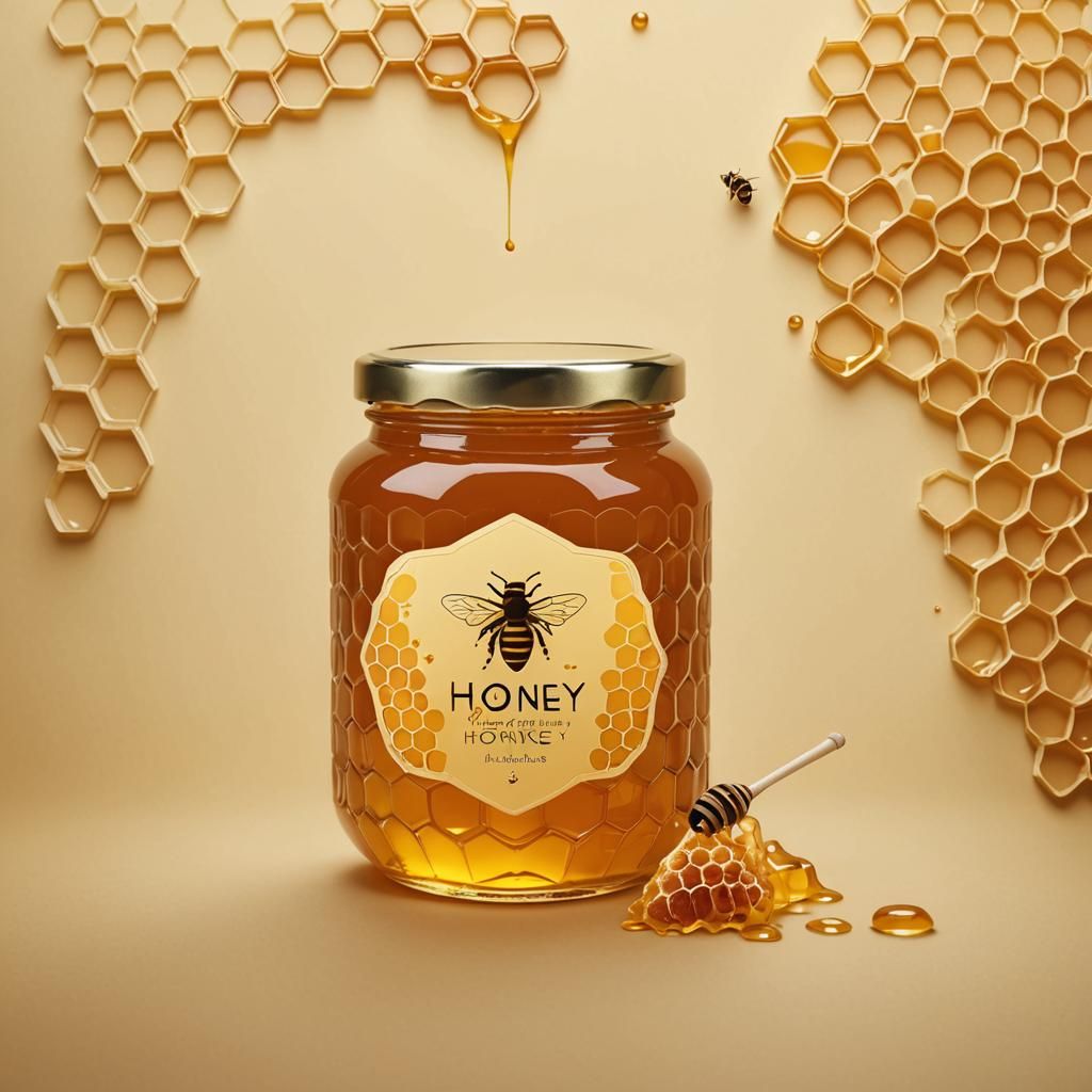 Honey Jar with Honeycomb Design on Plain Background