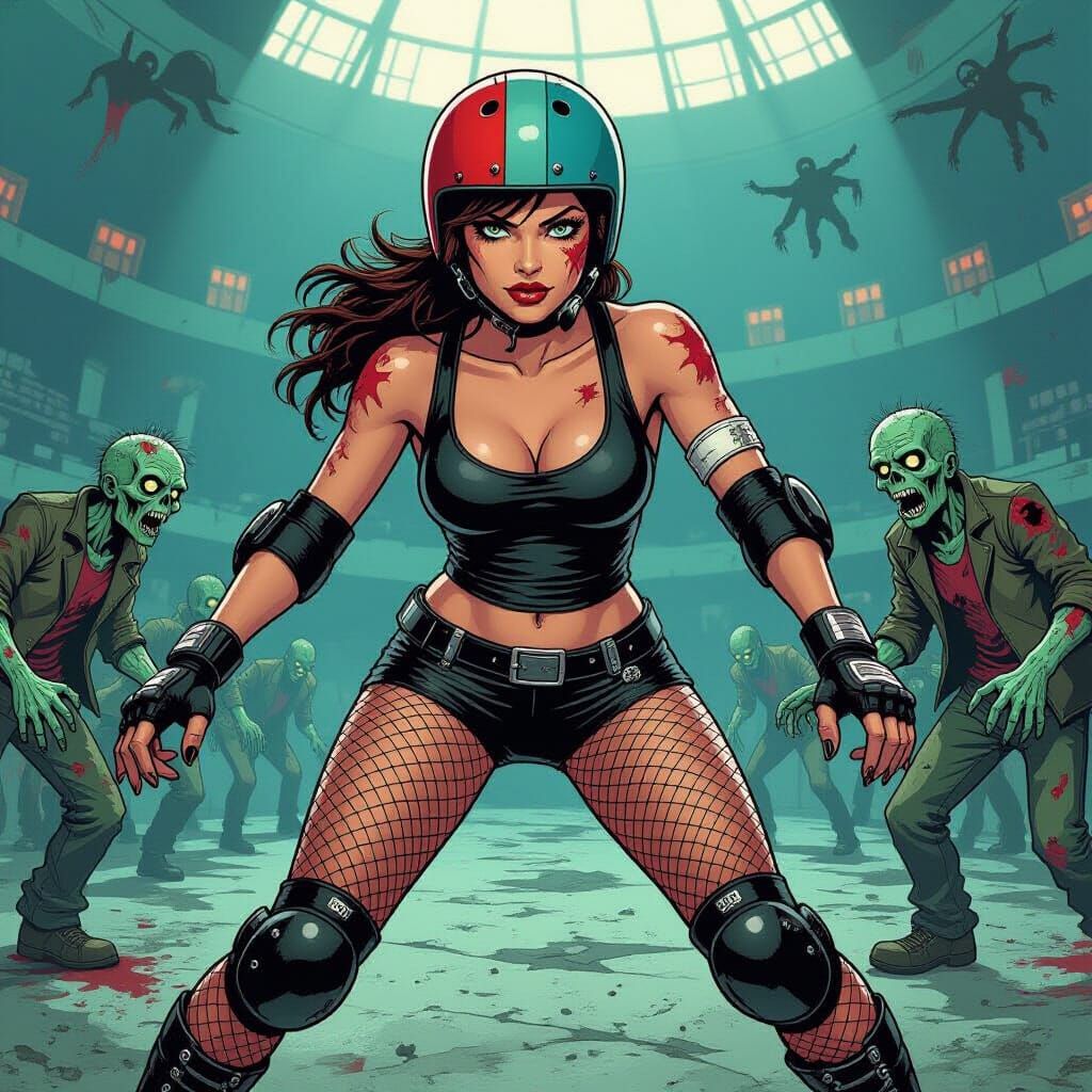 Roller Derby Zombie Apocalypse in Comic Book Style