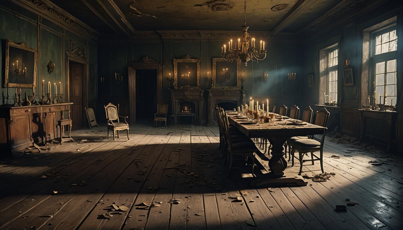 Haunted Dining Room: Ghostly Figures in Abandoned Estate