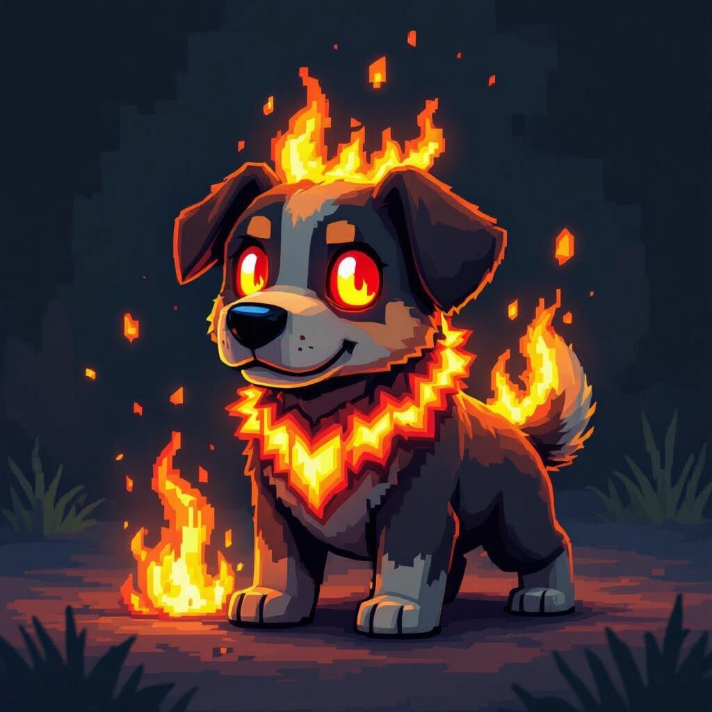Minecraft Style Pixel Art Dog Wreathed in Flames