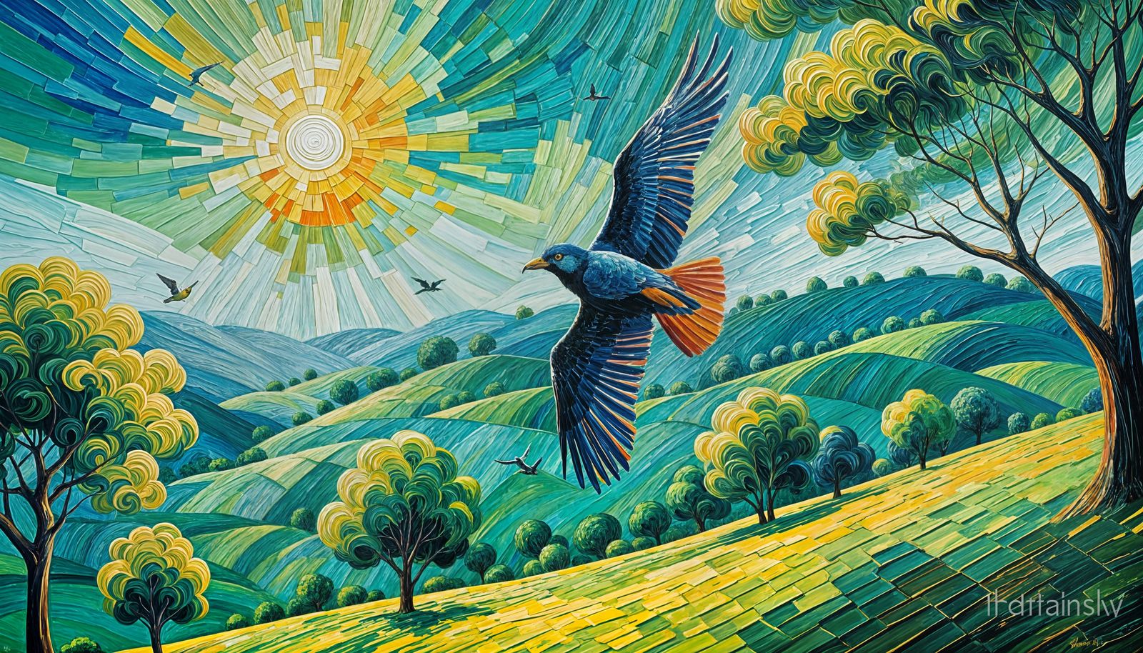 Vibrant Green Landscape in Expressionist Oil Painting