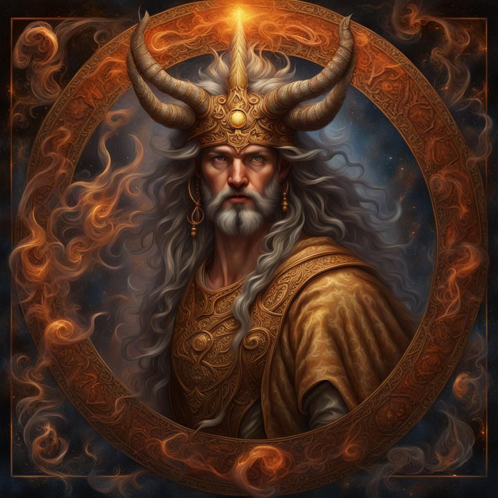 Sagittarius God Portrait with Flaming Arch in Digital Painti...