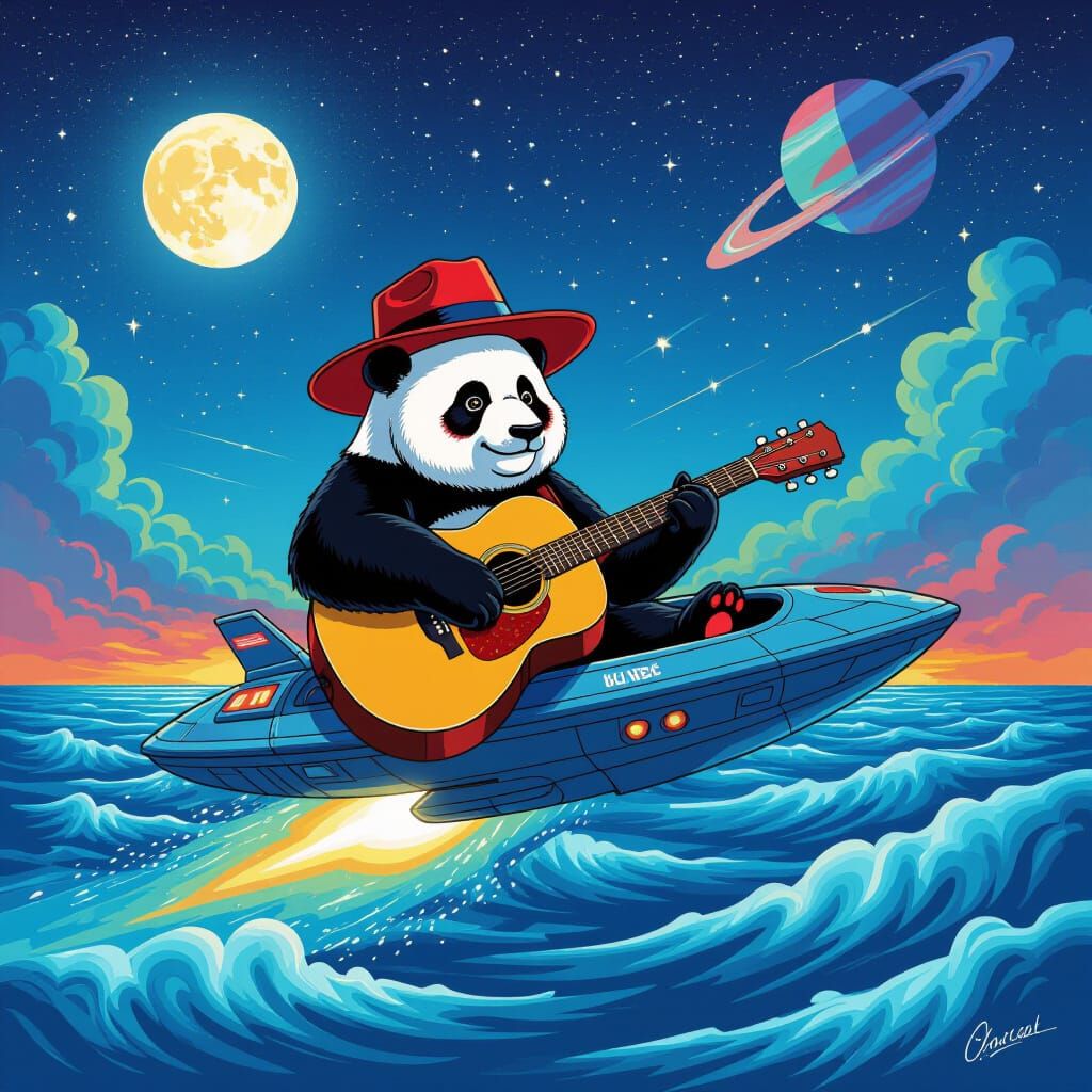 Red Panda Plays Guitar on Psychedelic Spaceship Over Stormy ...