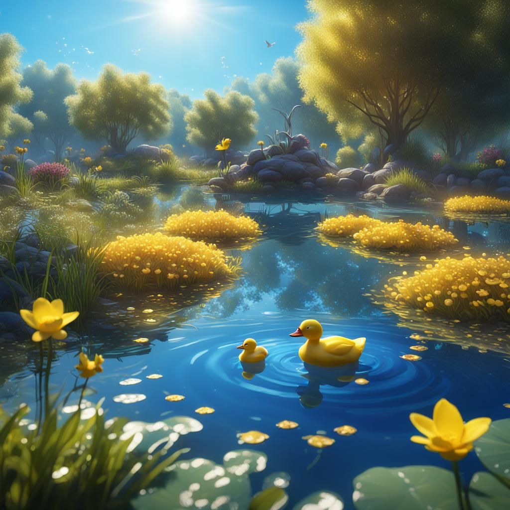 Yellow Duck and Ducklings on a Pond