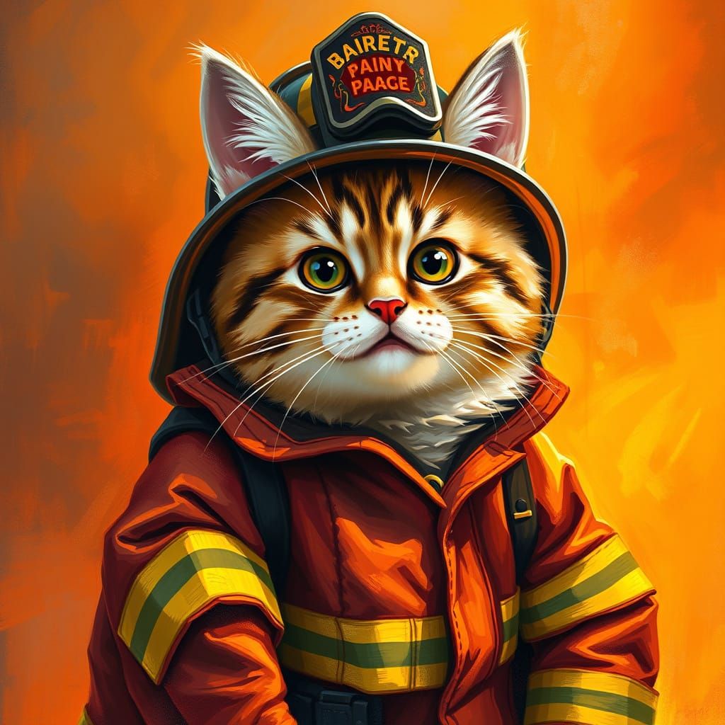 Vibrant Oil Painting of Plump Feline Firefighter