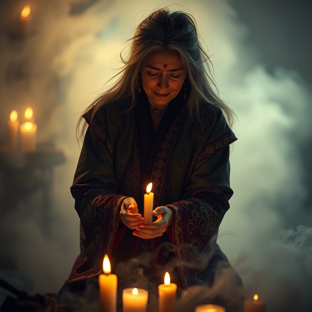Enchanted Mystic Performs Ancient Ritual in Whimsical Fog