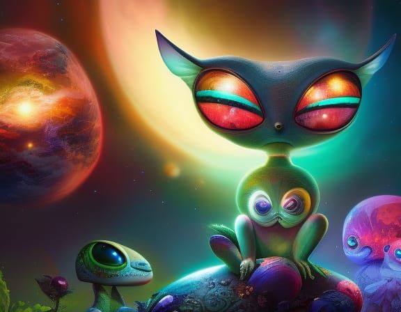 An insanely cute and realistic [Alien baby with big sweet eyes and chubby cheeks], sitting in an alien forest with stran...