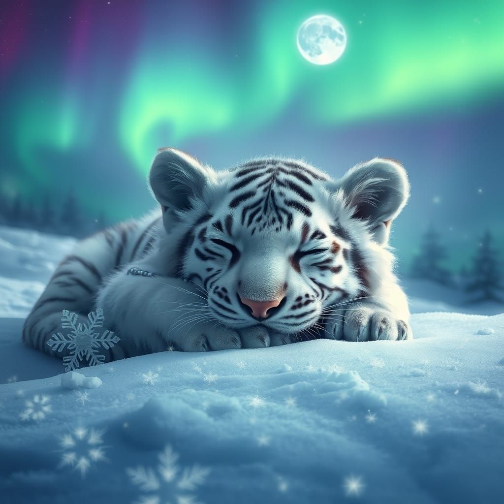 White Tiger Cub Under Northern Lights