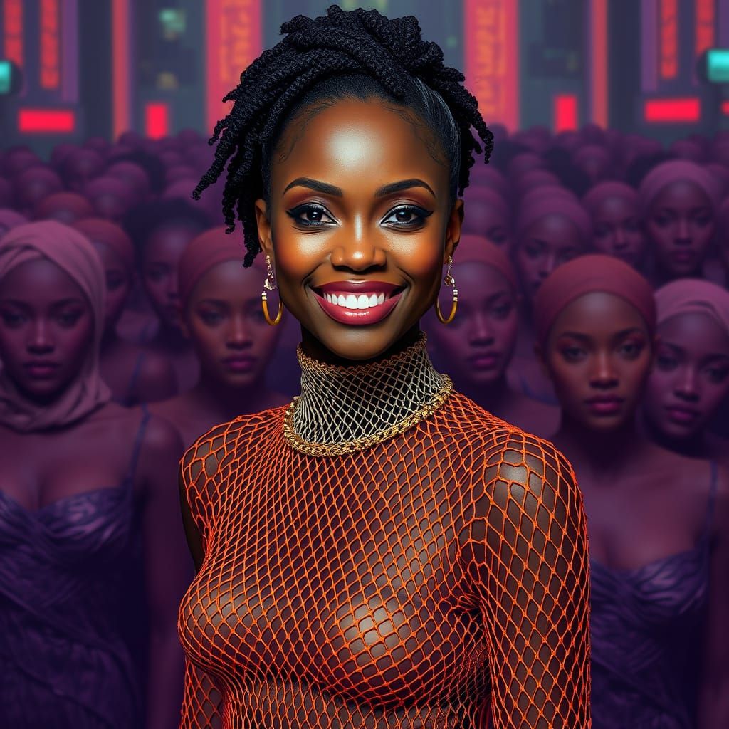 Smiling Woman in Afrofuturist Synthwave Art Nouveau Style