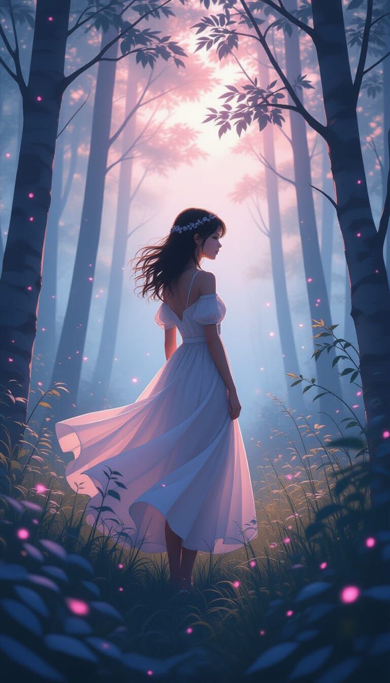 Girl in Misty Forest with Pink and Blue Lights