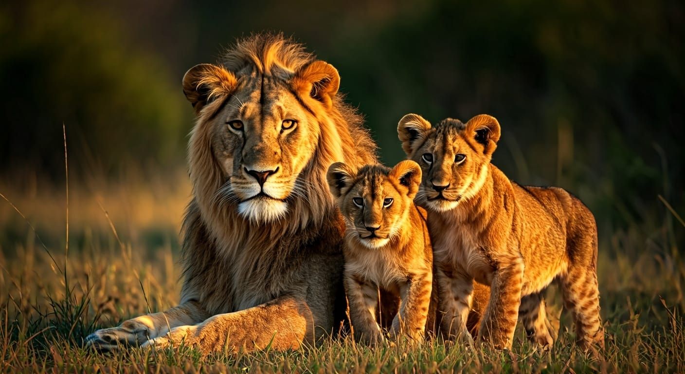 Lion Family Portrait in African Wildlife Landscape
