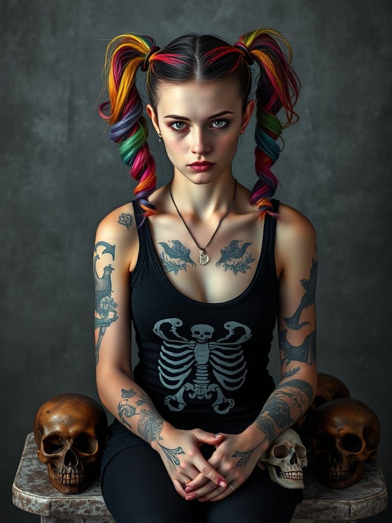 Gothic Woman with Rainbow Pigtails Portrait