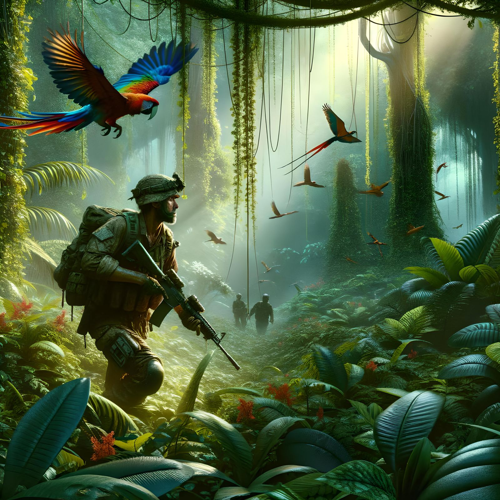 Hyperrealistic Soldier Navigating a Dense Jungle