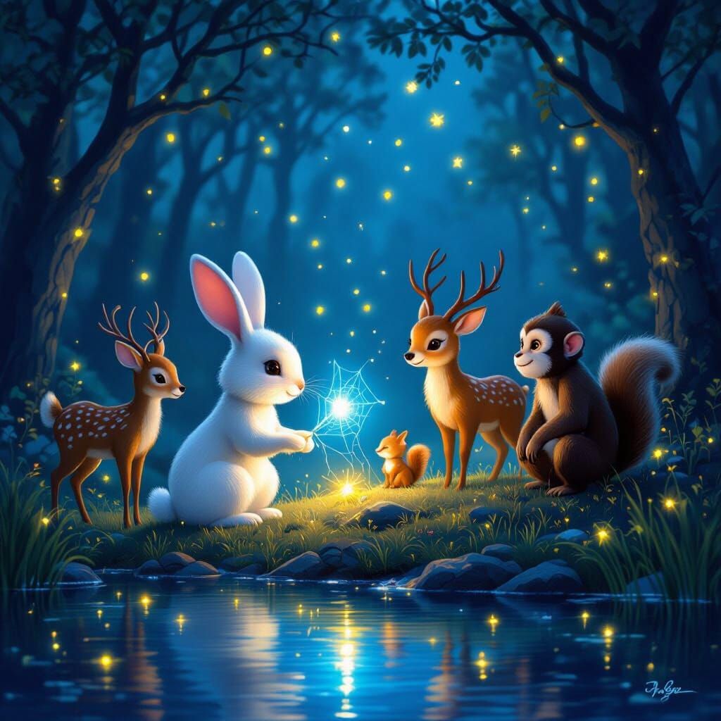 Magical Forest Scene with Animals and Glowing Fireflies