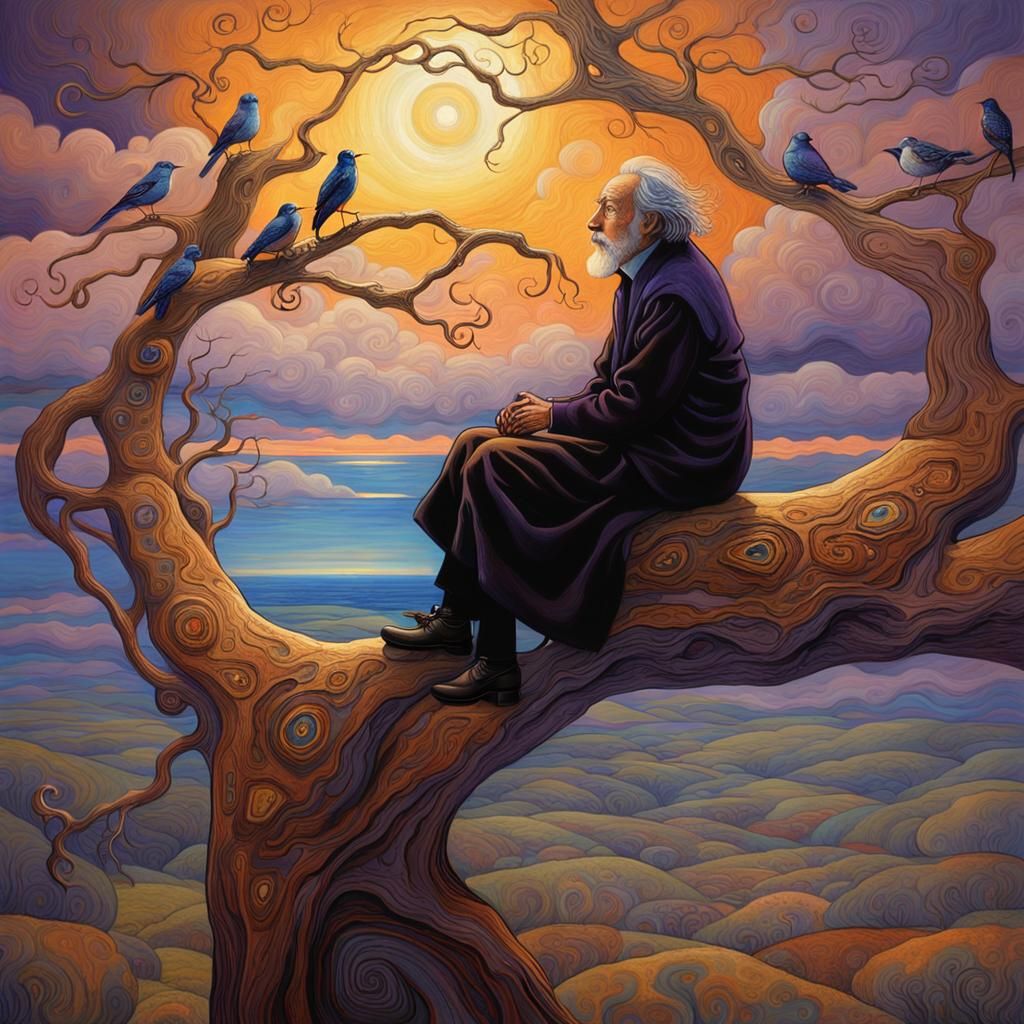 Wise Old Man Imparts Wisdom to Birds, Cinematic Realism