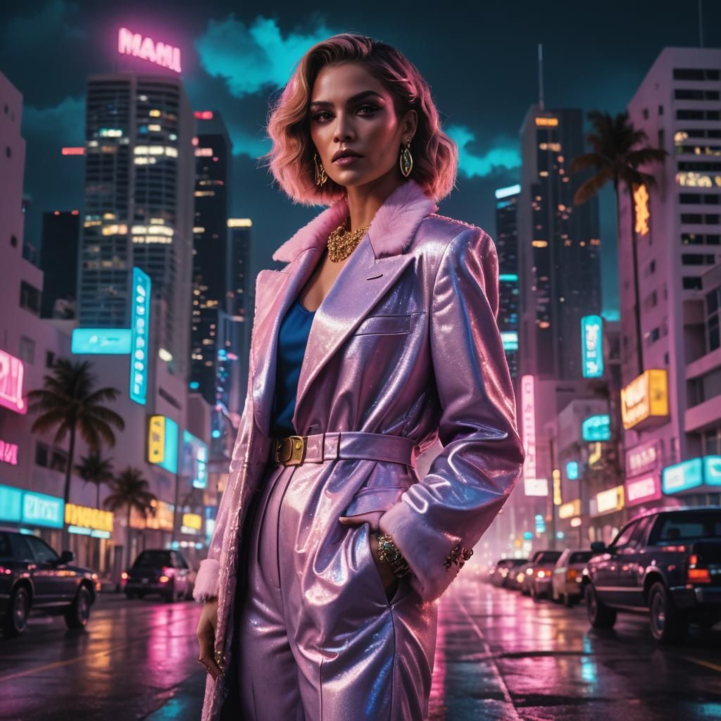 Mafia Woman in Miami: Neon 80s Art Deco