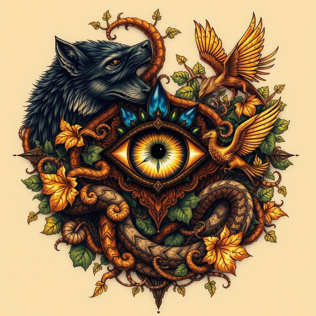 Dark Fantasy Tattoo Design with Sapphire Eye and Mythical Se...