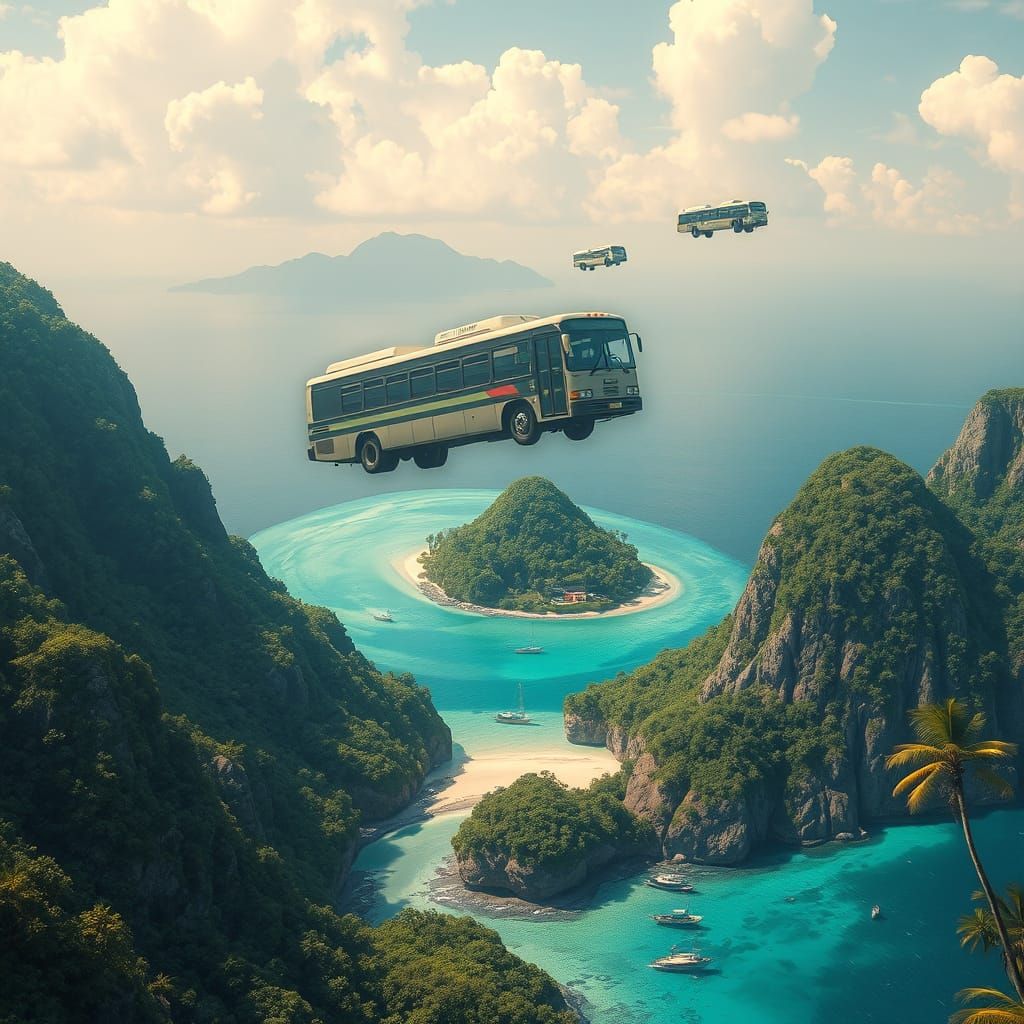 Surreal Levitating Buses on Tropical Island