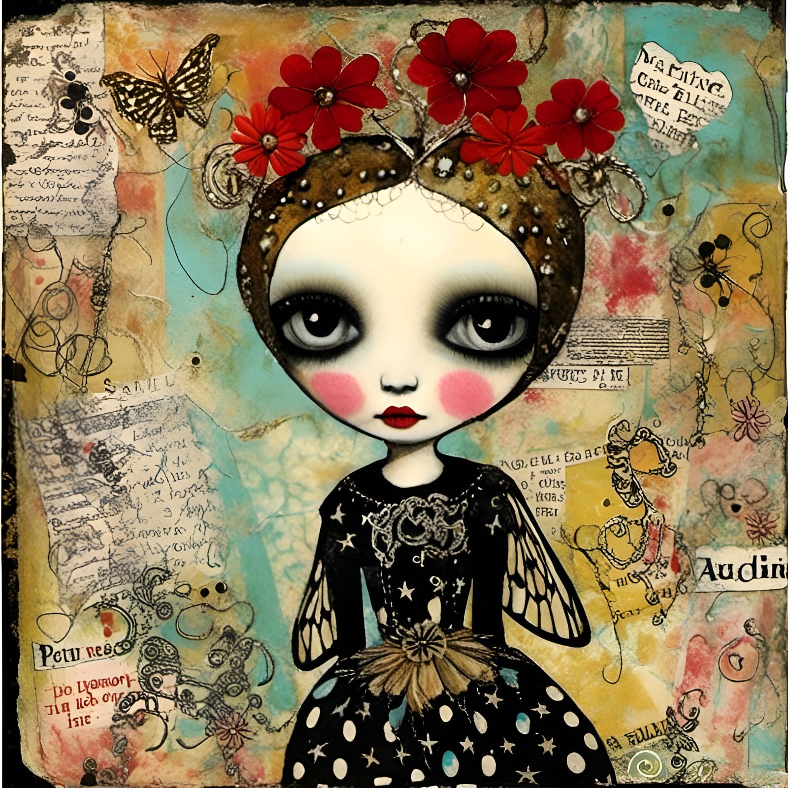 Chibi Goth Doll in Collage Art Style