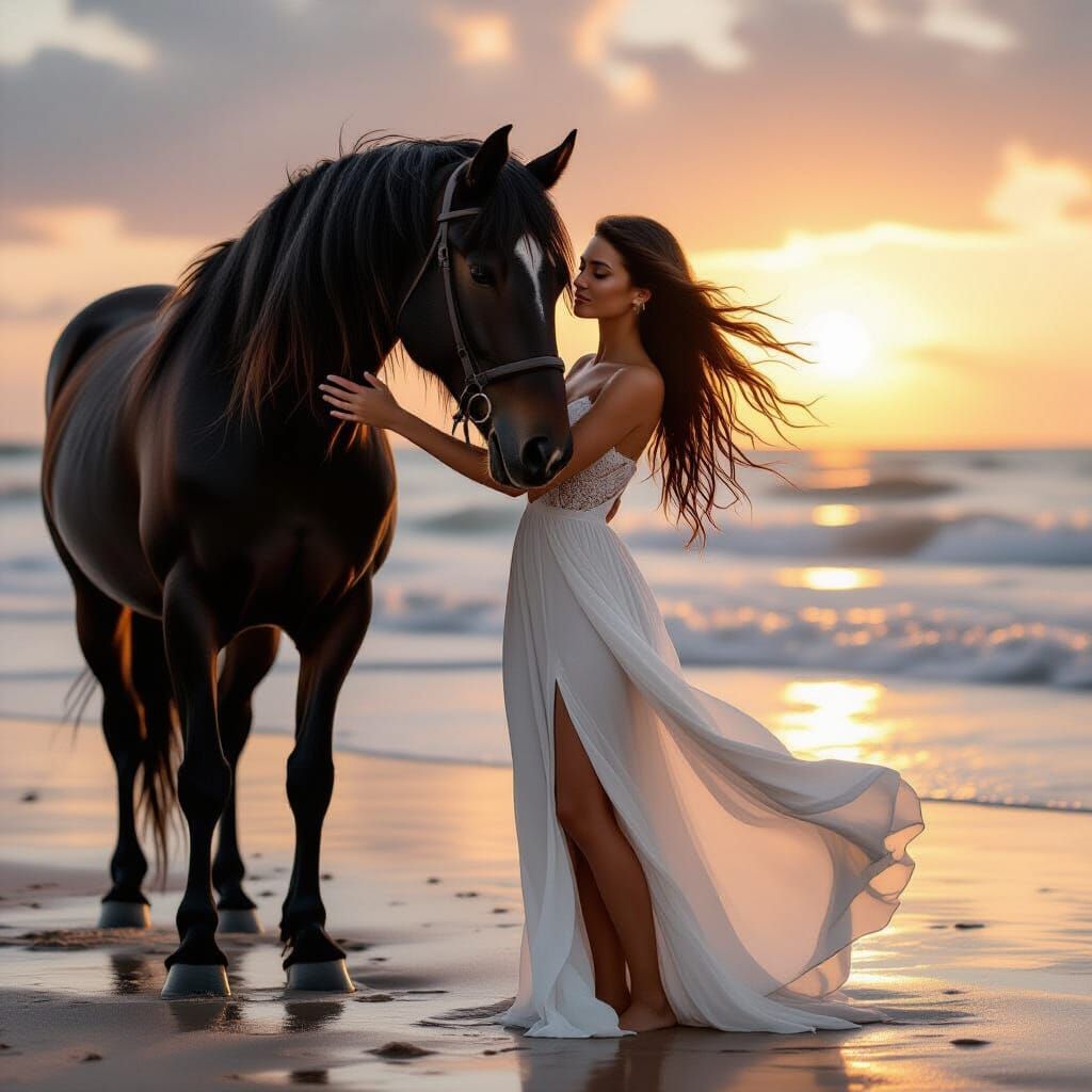 Woman and Black Horse on Wet Beach