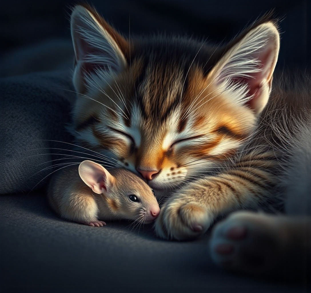 Whimsical Hyperrealistic Kitten and Mouse Sleeping Together...