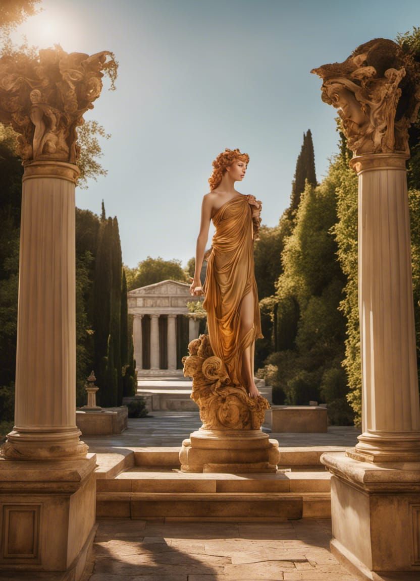 Woman in Garden with Greek Statues: Gouache Painting
