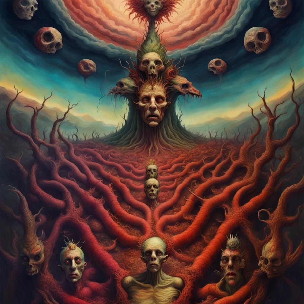 Surreal Horror Descent in Mixed Media Style