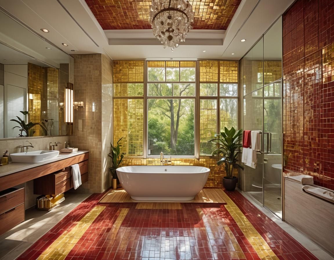 Mid-Century Modern Bathroom with Red and Yellow Tiles