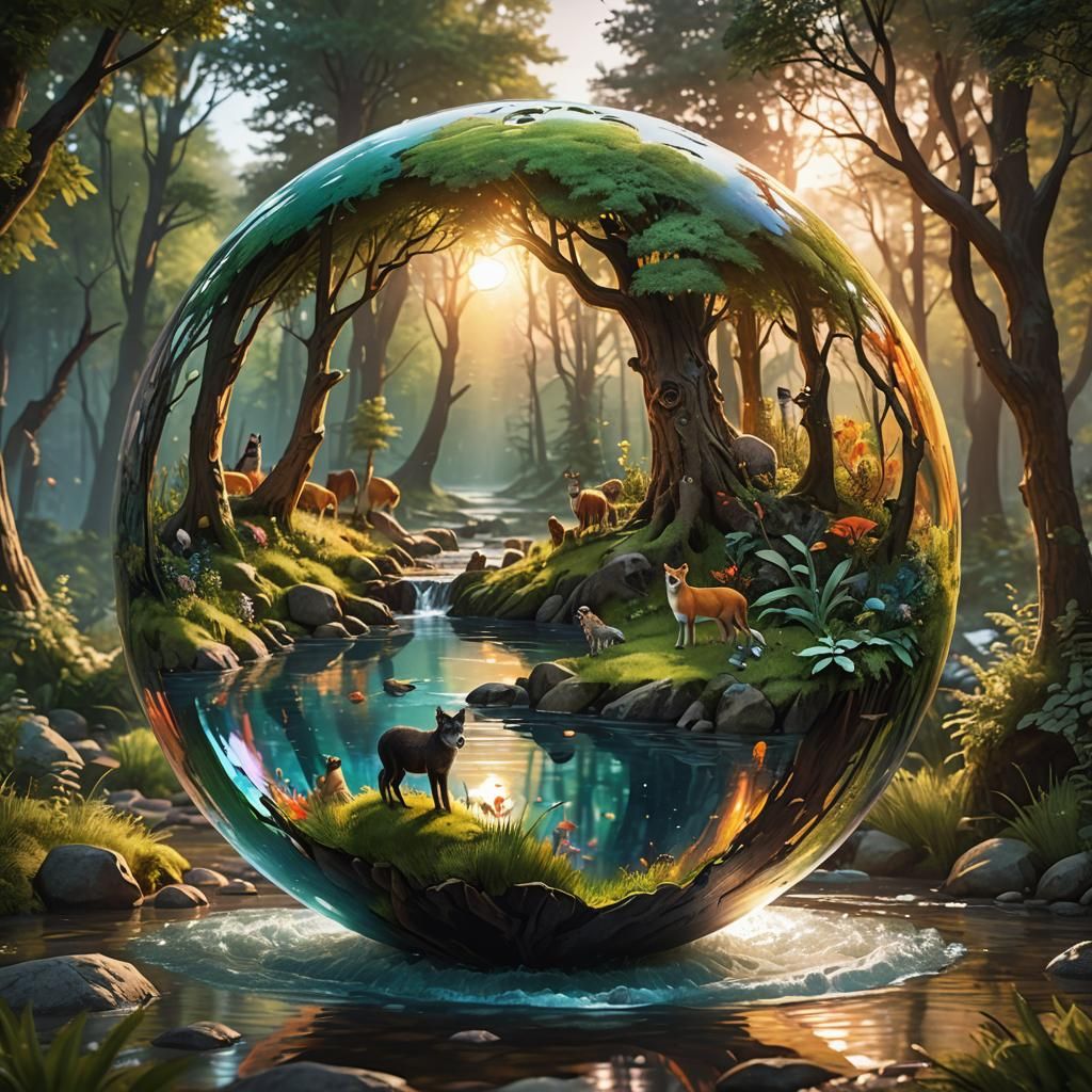 Forest Ecosystem Inside Glass Sphere at Sunset