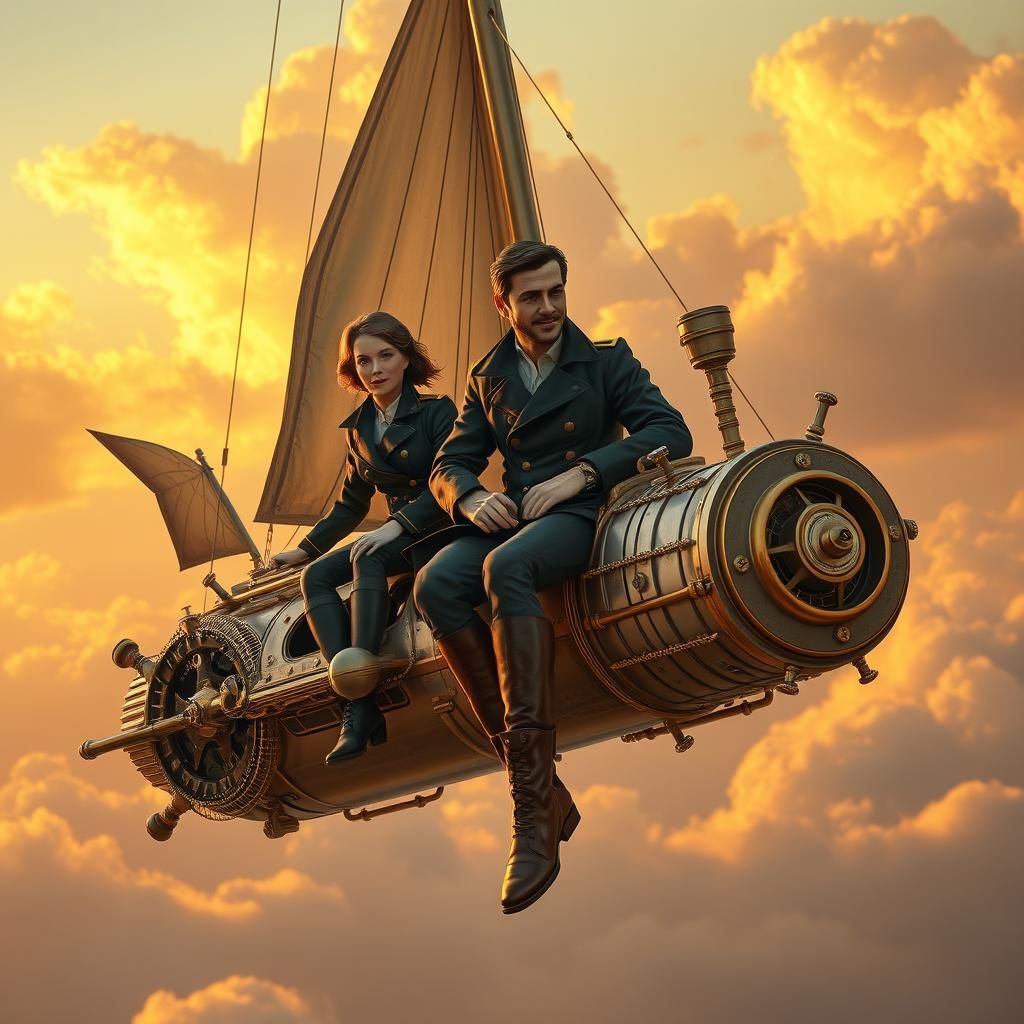 Steampunk Airship Soaring at Sunset