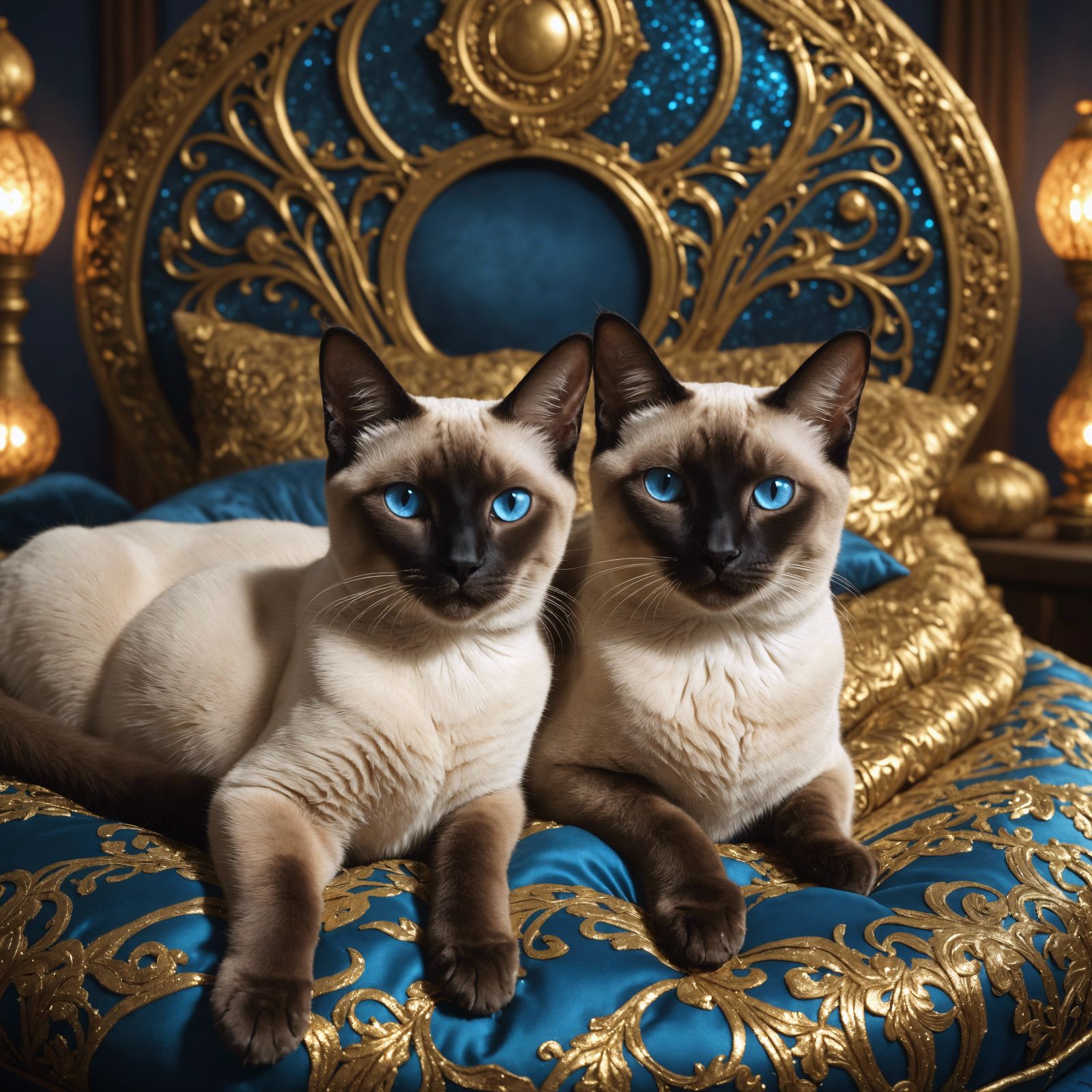 Siamese Cats on Plush Bed: Detailed Matte Painting