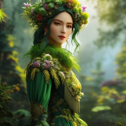 Elaborate Woman in Silk Dress Amidst Overgrown Nature