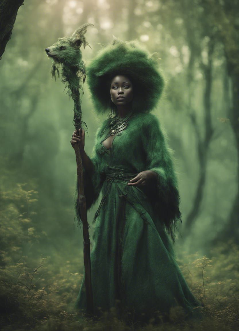 Female Black Human Druid in Green 1
