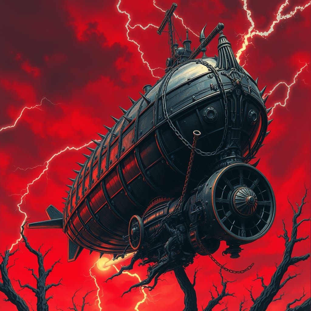 Gothic Metal Airship in Crimson Sky