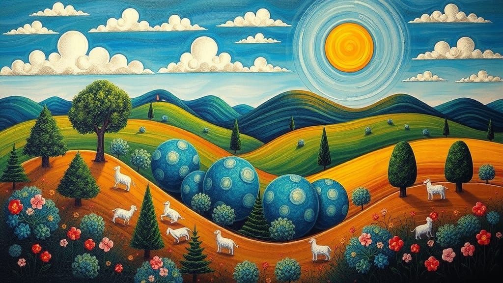 Vibrant Landscape Painting in Naive Style