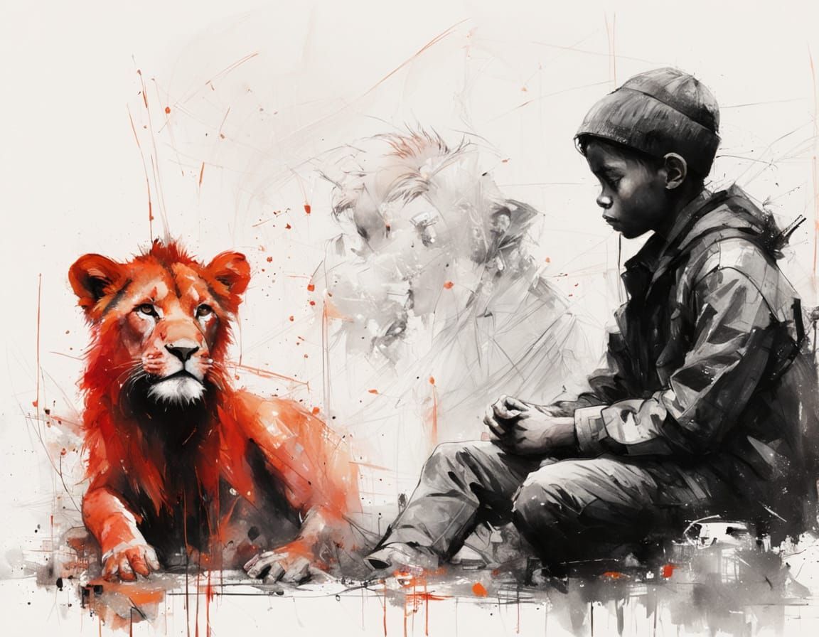 Zulu Boy with Lion in Charcoal Sketch Style