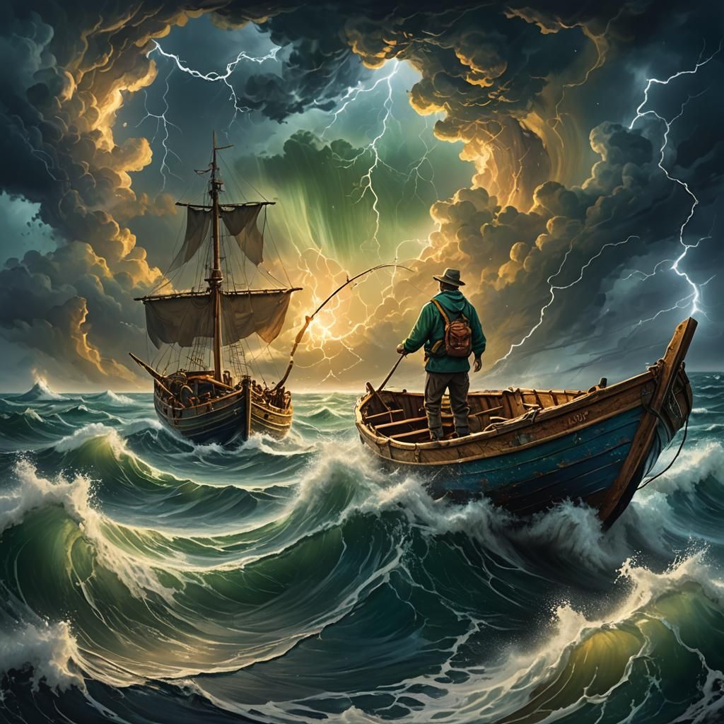 Fisherman in Stormy Sea: Digital Painting