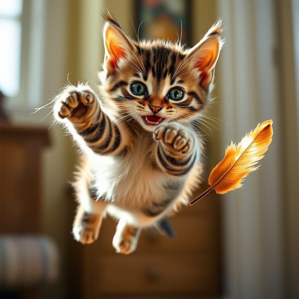 Playful Tabby Kitten in Hyper-Realistic Mid-Air Pose
