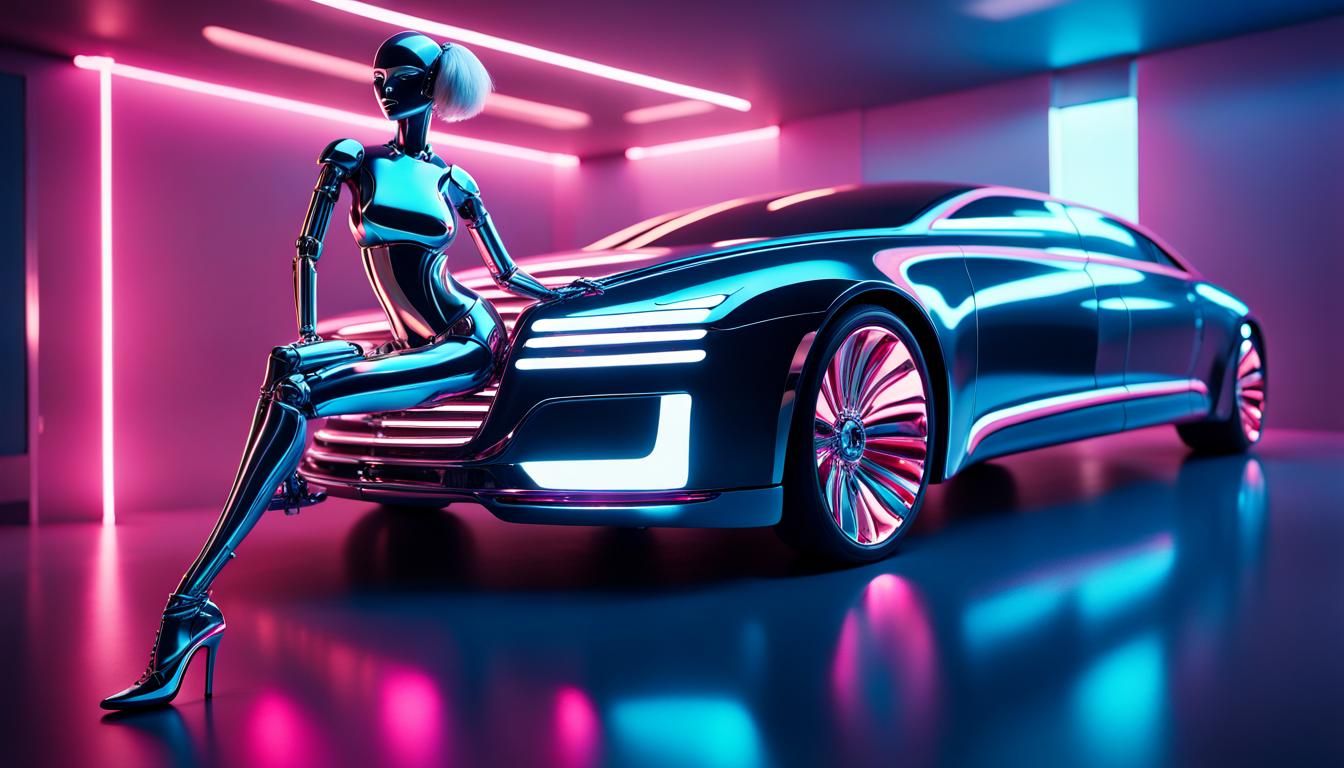 Futuristic Limousine with Humanoid Robot in Photorealistic C...