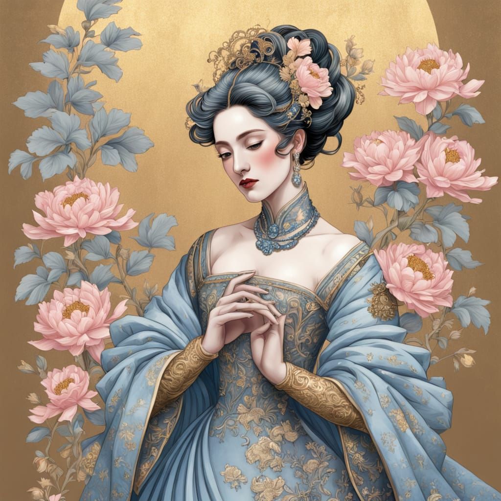 Regal Opera Singer in Elegant Woodblock Carving Style