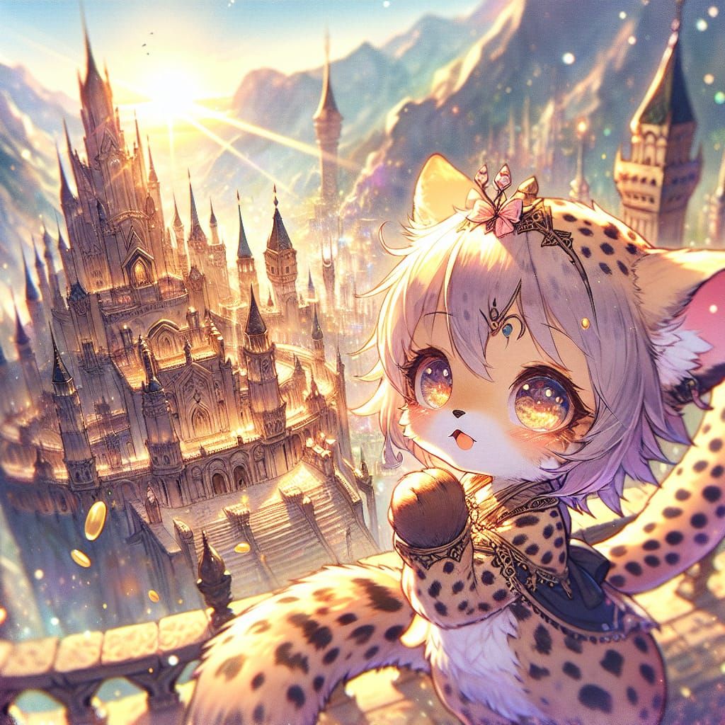 Fantasy Castle Cityscape with Cheetah Girl