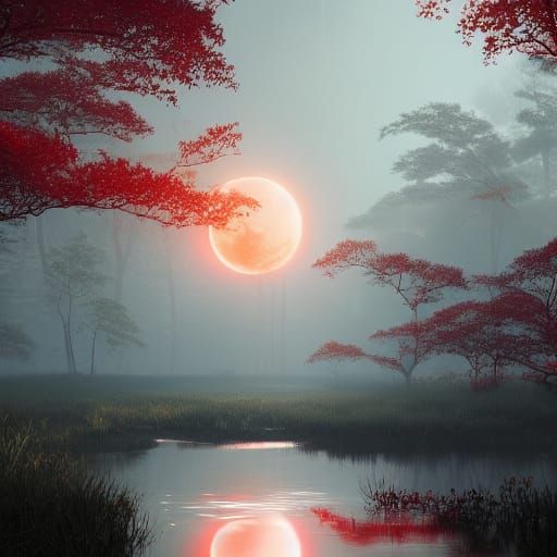 Glowing Adansonias in Overgrown Swamp, Hyperdetailed Art