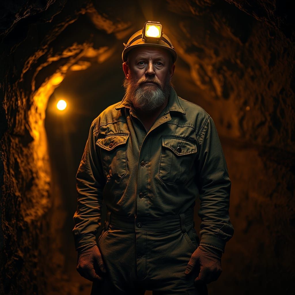 Gritty Miner in Dimly Lit Mine Shaft