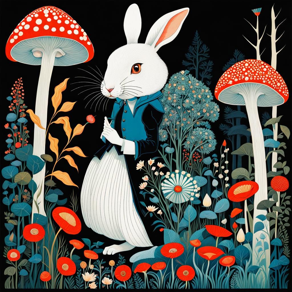 White Rabbit in Wonderland Flower Forest