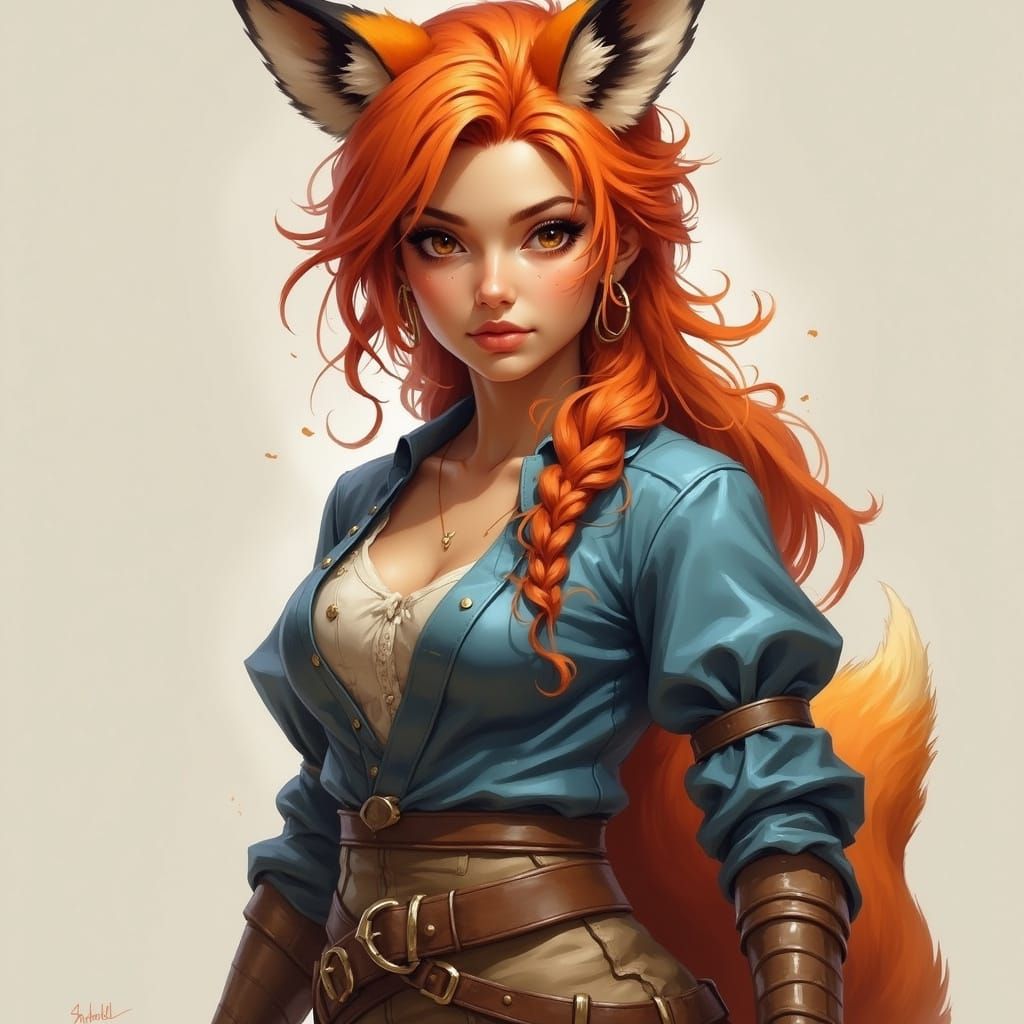 Fox-Woman Adventurer Portrait in Fantasy Painting Style