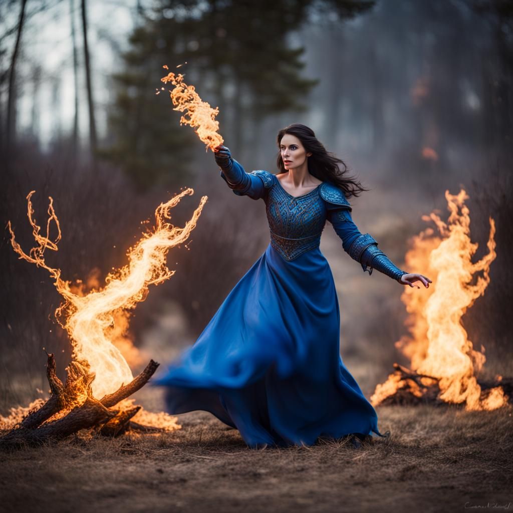 Woman in Blue Gown Throws Fire